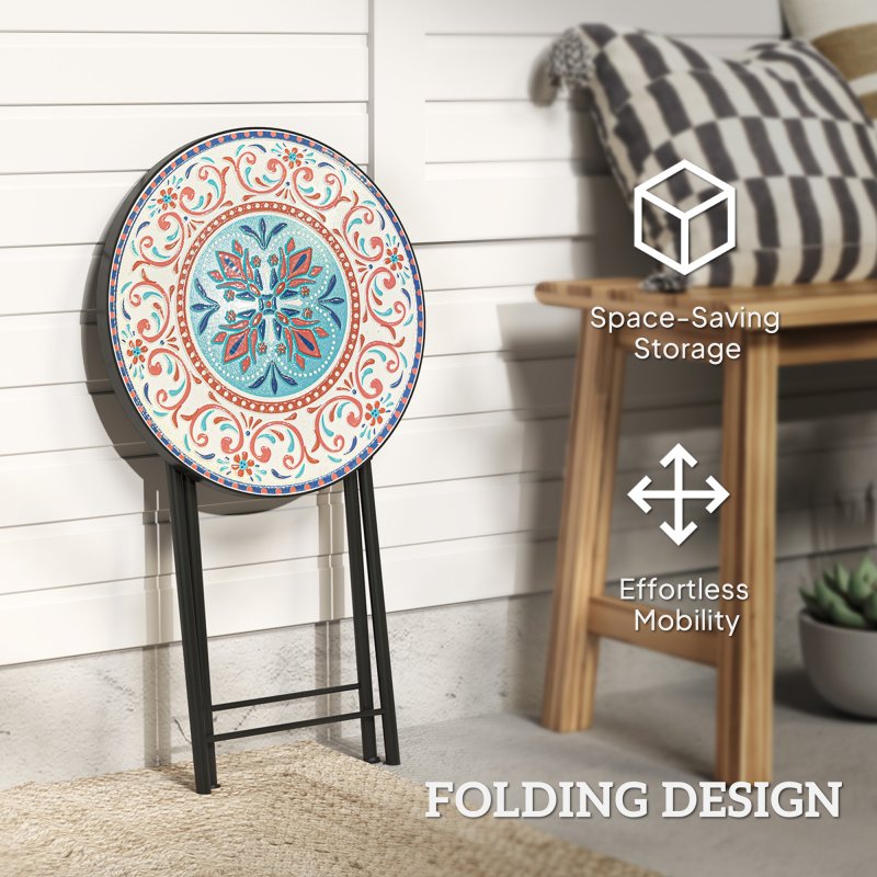 Outsunny Mosaic Outdoor Garden Table, 35.5cm Round Folding Coffee Table with Metal Frame for Balcony Terrace, Multicolour