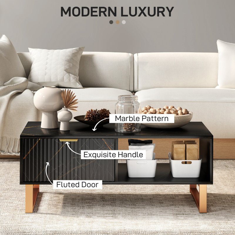 HOMCOM Marble-Effect Coffee Table with Storage, Living Room Table with Drawer and 2 Open Shelves, Modern Centre Table with Fluted Door, Black