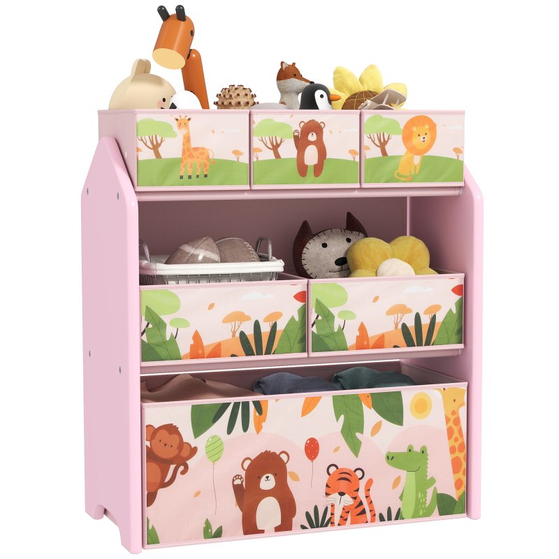 AIYAPLAY Kids Storage Unit, 3-Tier Toy Organiser Shelf with 6 Removable Storage Boxes, for Playroom, Bedroom, Children's Room, Nursery, Pink