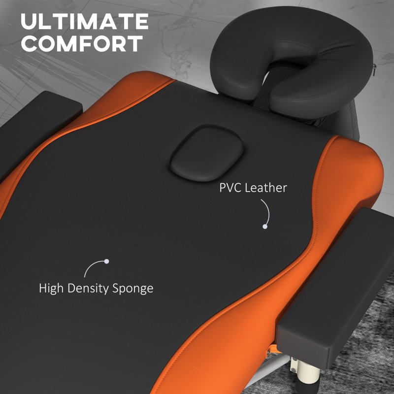 HOMCOM Foldable Massage Bed Portable Table, 3-Section Aluminium Foldable Beauty Couch, Professional Salon Spa Table with Headrest Support and Carry Bag, 60 cm Width, Black and Orange
