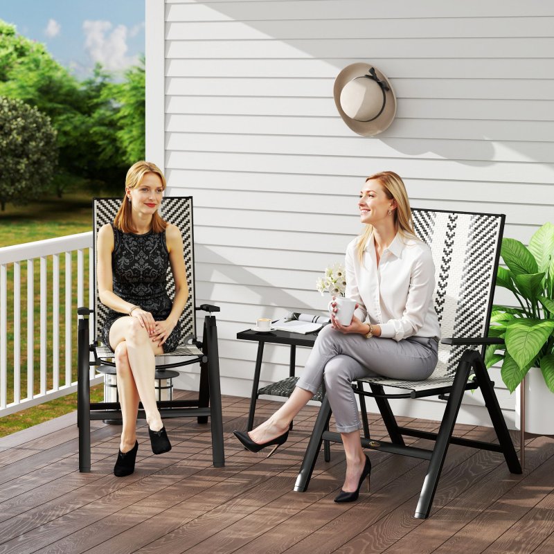 Outsunny Rattan Folding Chair Outdoor Set of 2, 5-Position Adjustable Wicker Garden Dining Chair with High Backrest, Wide Armrest, for Patio, Terrace, Balcony, Grey