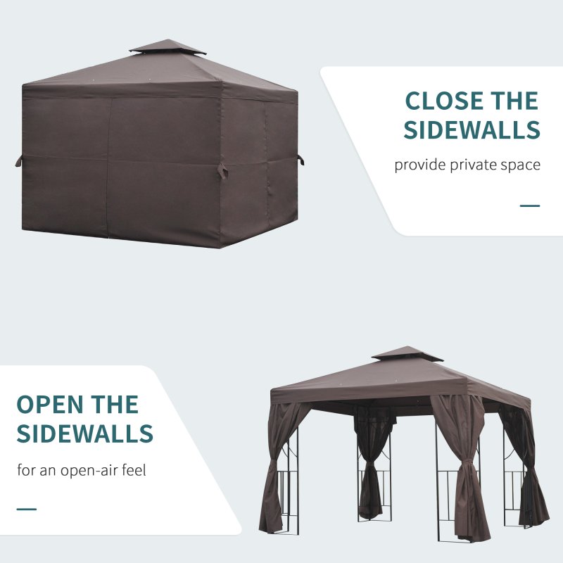 Outsunny 3 x 3 m Garden Gazebo Double-Roof Marquee Patio Wedding Party Tent Canopy Shelter with Sidewalls (Brown)