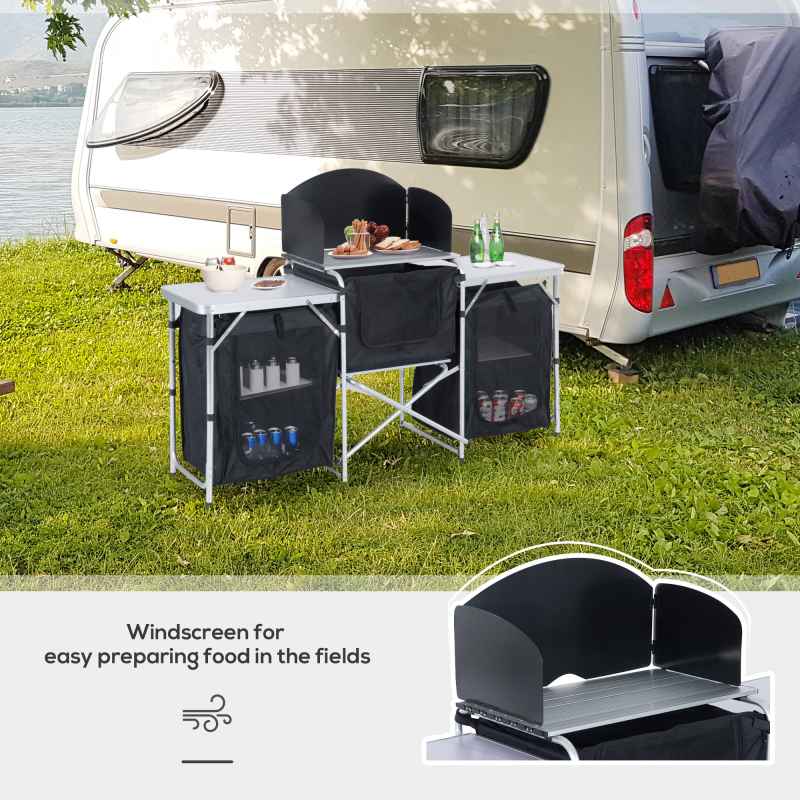 Outsunny Portable Camping Kitchen with Aluminium Frame, Fold-Up Cooking Table With Windscreen and 3 Enclosed Cupboards for BBQ, Party, Picnic, Black