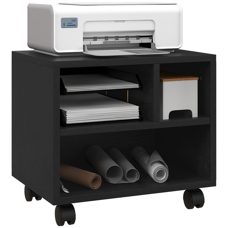 HOMCOM 2-Tier Printer Stand with Storage, Under Desk Printer Cart on Wheels with 3 Compartments, Desktop Printer Table for Home Office, Black