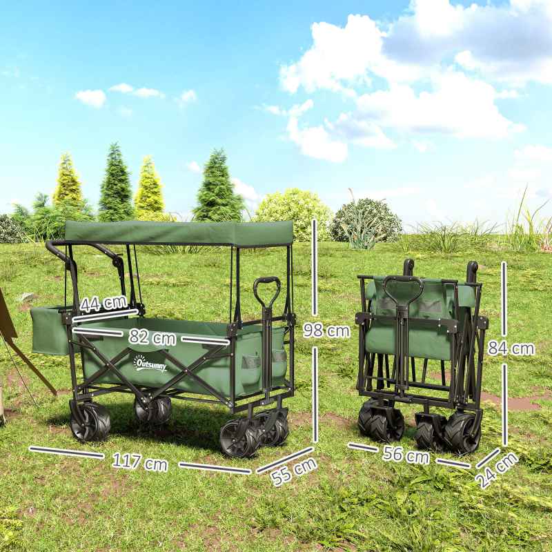 Outsunny 120L Festival Trolley on Wheels, Folding Camping Trolley Cart with Removable Canopy, All-Terrain Wheels, Adjustable Handle and Side Pockets for Garden Beach Fishing Shopping, Green