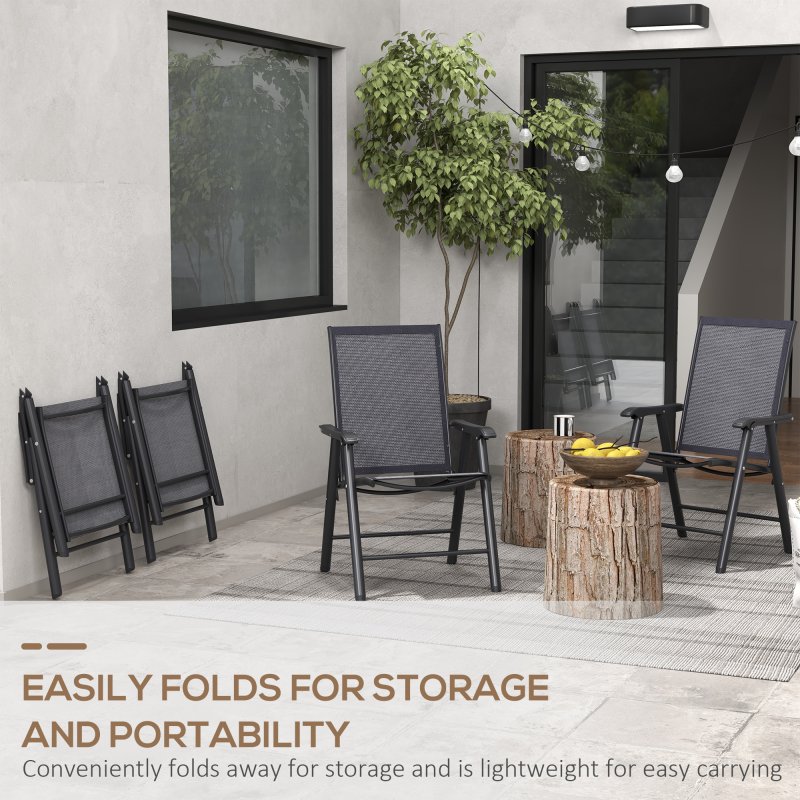 Outsunny Set of 4 Folding Garden Chairs, Metal Frame Garden Chairs Outdoor Patio Park Dining Seat with Breathable Mesh Seat, Charcoal Grey