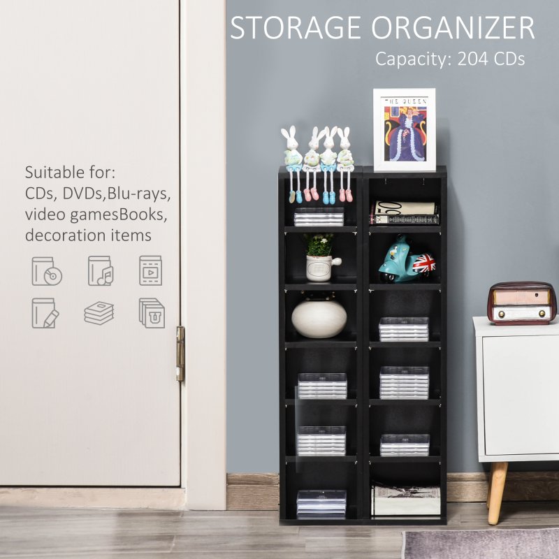 HOMCOM 204 CD Media Display Shelf Unit Set of 2 Blu-Ray Tower Rack w/ Adjustable Shelves Bookcase Storage Organiser, Black