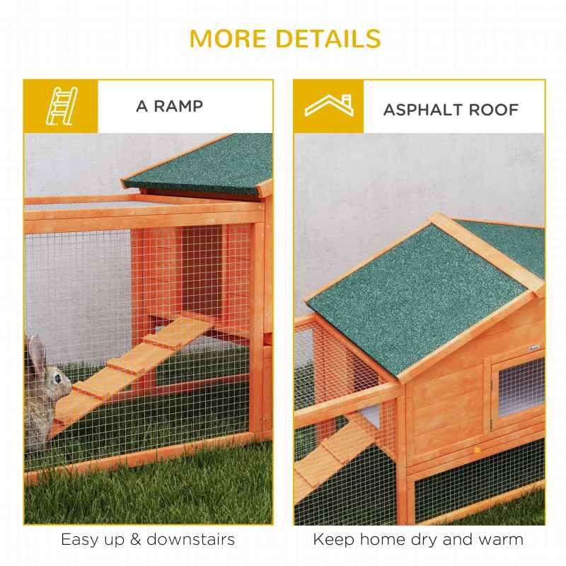 PawHut Rabbit Hutch Run, Guinea Pig Hutch Wooden Bunny House with Tray, Ramps, Asphalt Roof, for Garden, Yard, 309 x 70 x 87cm, Orange