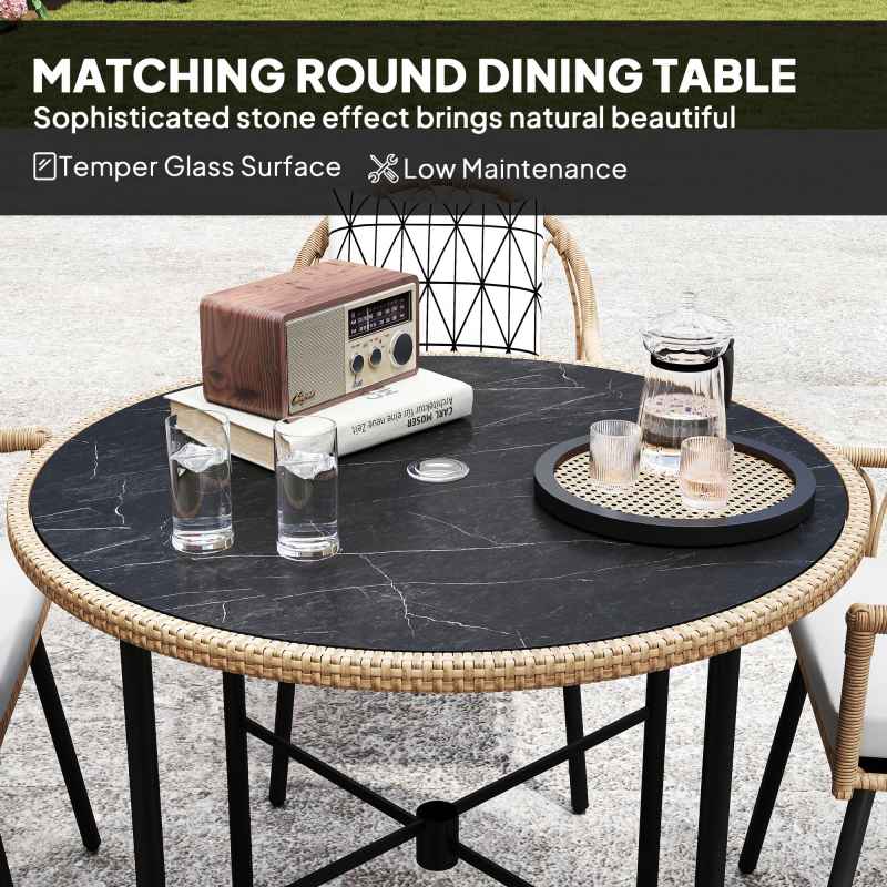 Outsunny 5 Piece Patio Rattan Dining Set, Wicker Garden Table and Chairs w/ Removable Seat & Back Cushions, Round Tempered Glass Tabletop, Parasol Hole, Outdoor Furniture Conservatory Set, Light Brown