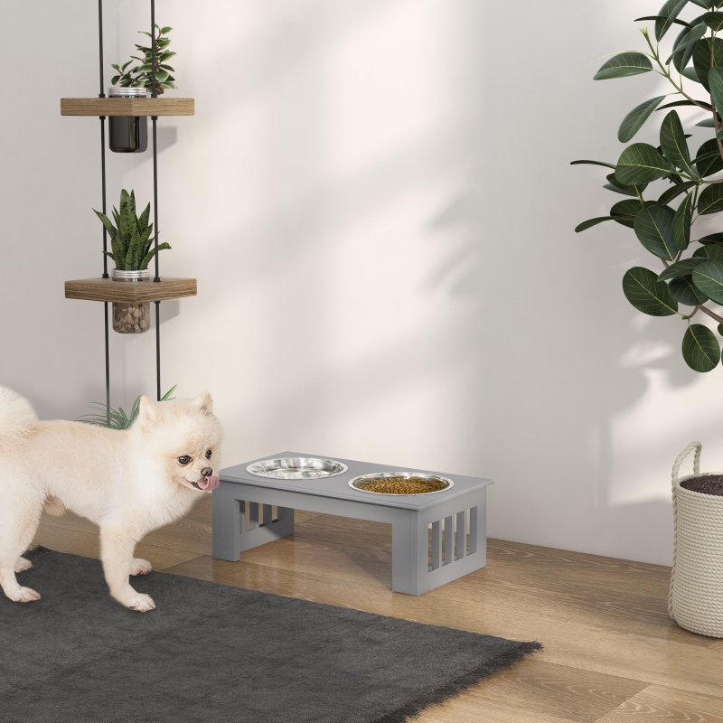 PawHut Raised Dog Bowl Feeding Bowls with Stand for Extra Small and Small Dogs Elevated Pet Bowls Water Food Feeder 44L x 24W x 15H cm - Grey