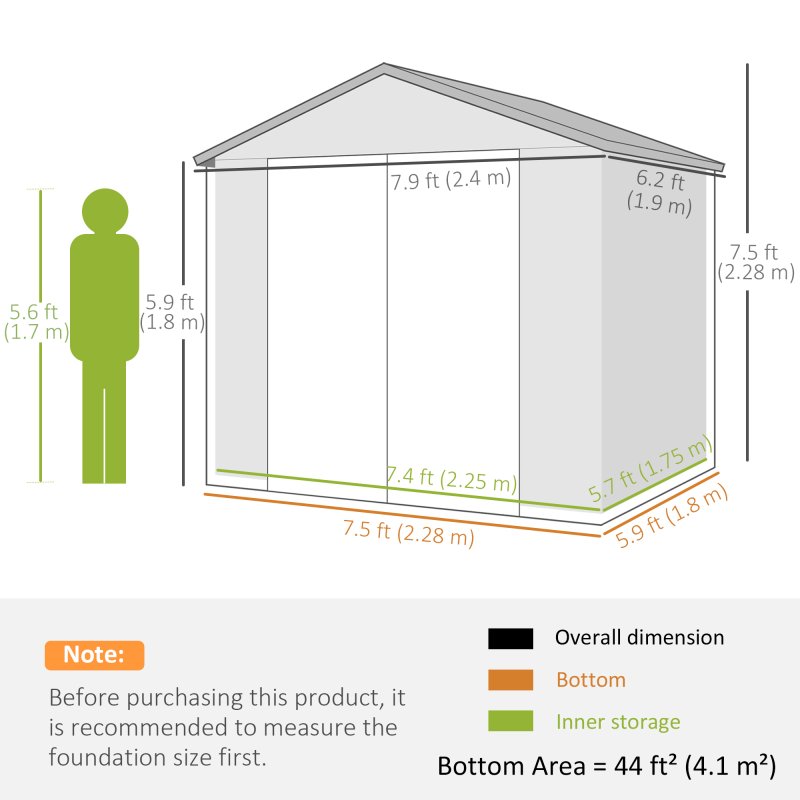 Outsunny 8 x 6ft Plastic Garden Storage Shed with Foundation Kit, Polypropylene Outdoor Storage Tool House with Ventilation Slots and Lockable Door, Grey