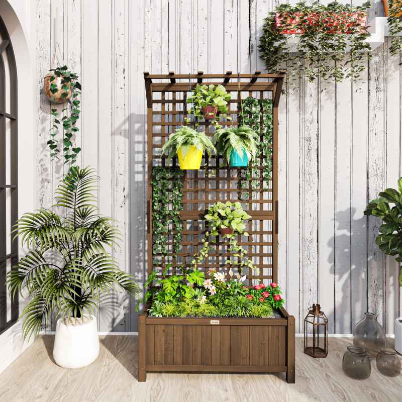 Outsunny Wood Planter with Trellis for Climbing Plants, Raised Bed, Planter Box with Drainage Holes to Grow Vegetables, Herbs and Flowers for Garden, Patio, Yard, Brown