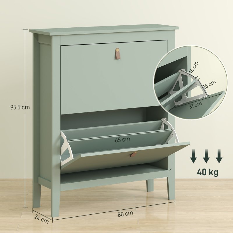 HOMCOM 2 Drawer Shoe Cabinet with Flip Doors, Narrow Shoe Storage Cabinet with Removable and Adjustable Shelves, 14 Pairs Footwear Cupboard for Hallway, Entryway, 80 x 24 x 95.5 cm
