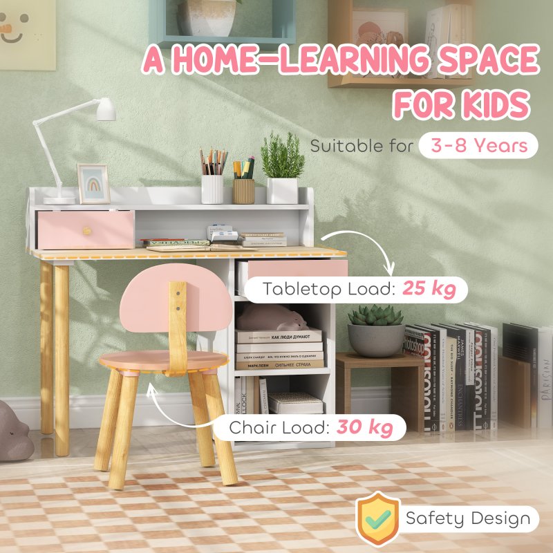 AIYAPLAY Kids Desk and Chair Set, Children Study Table with Hutch, Storage, Drawer, Shelves, for Studying, Reading, Drawing, for Ages 3-8 Years, Pink