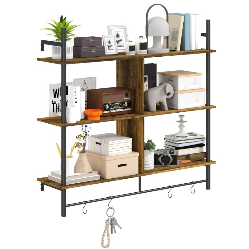 HOMCOM Floating Shelves, 104CM Wall Mounted Ladder Shelf with 4 Hooks, Rustic Hanging Display Shelf for Living Room, Entryway, Kitchen, Rustic Brown