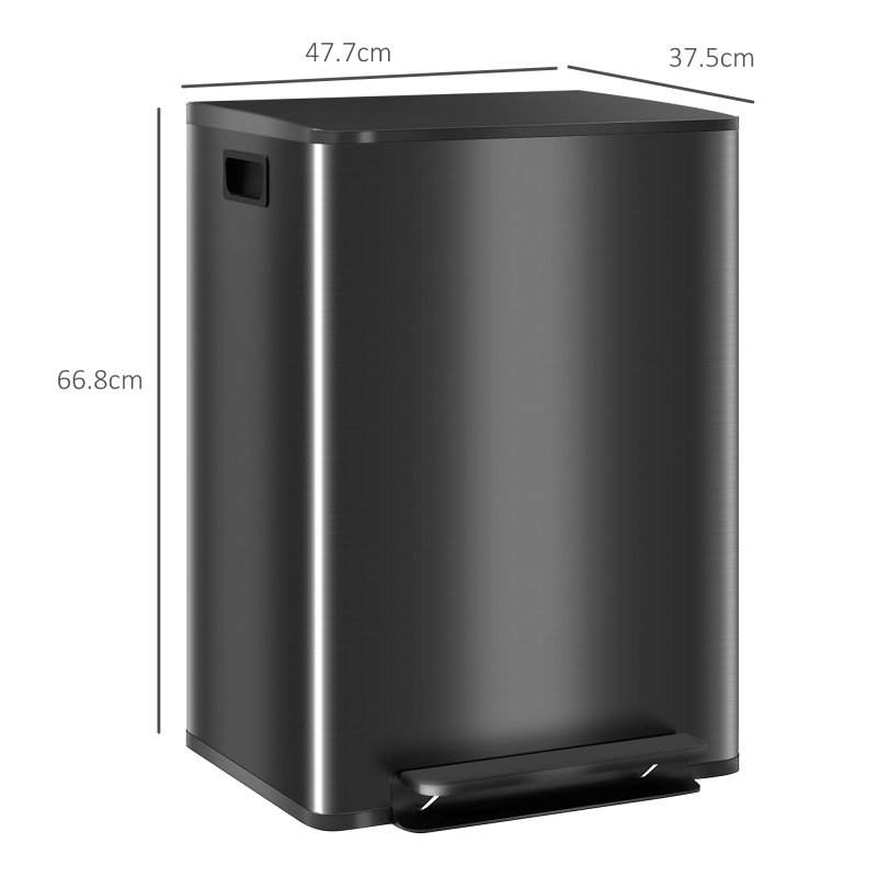 HOMCOM Dual Kitchen Bin, 2 x 30L Stainless Steel Double Pedal Bin with Soft-Close Lid, Removable Inner Buckets and Handles for Recycling and Waste