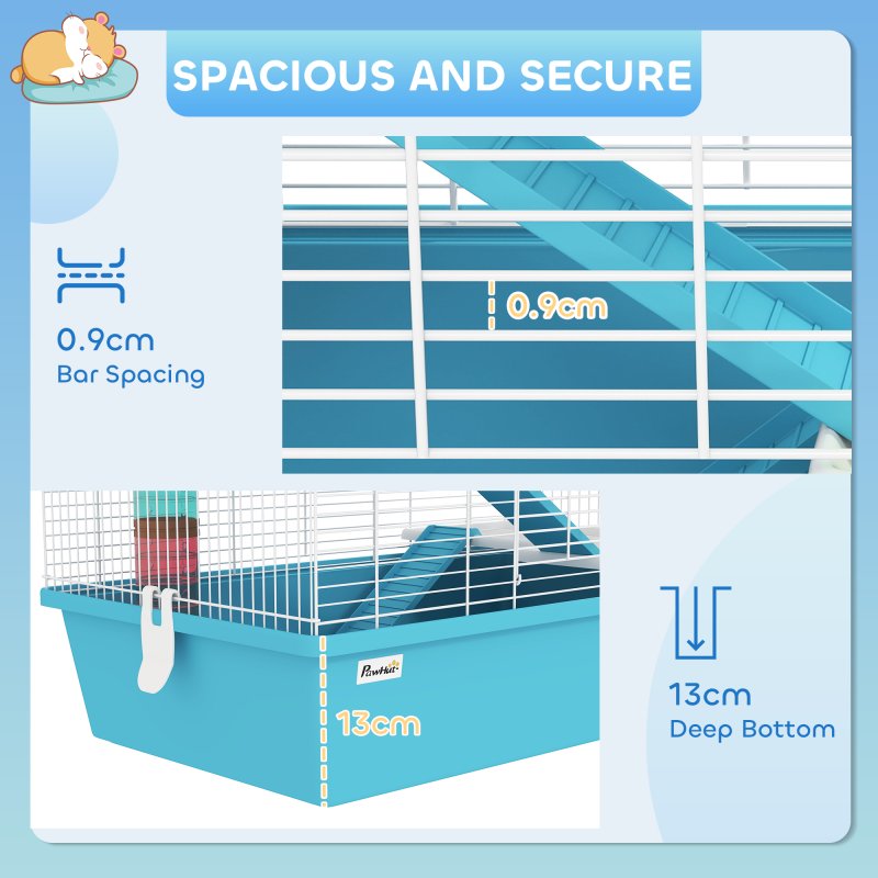 PawHut 4 Tier Hamster Cage with Tube, Exercise Wheel, Hut, Water Bottle, Food Dish, Ramps, DIY Design, Large Hamster Cage for Dwarf, Light Blue