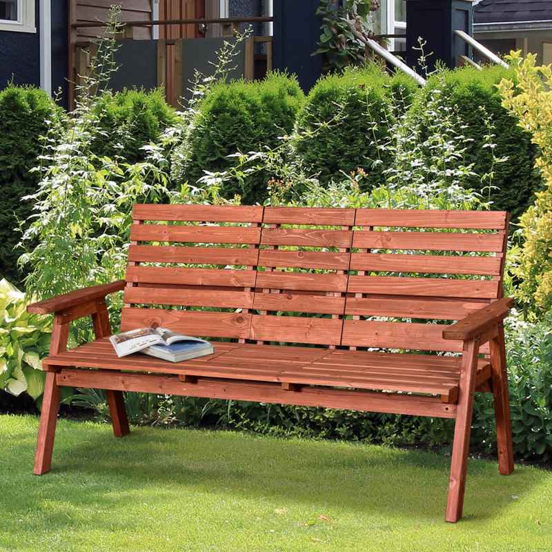 Outsunny 2 Seater Wooden Garden Bench with Convertible Middle Table, Outdoor Three-Seater Bench for Patio, Park, Porch, Orange