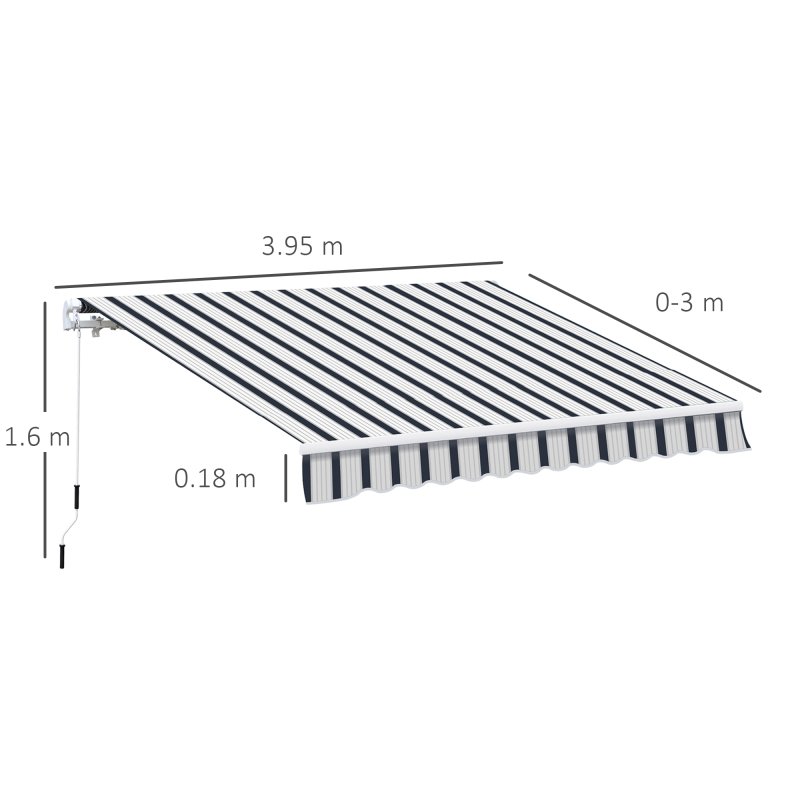 Outsunny 4 x 3(m) Garden Patio Manual Awning Canopy Aluminium Sun Shade Shelter Retractable for Backyard, Blue and White