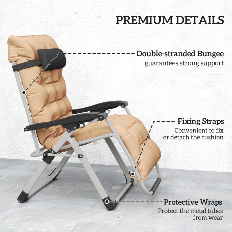 Outsunny 2 Piece Reclining Zero Gravity Chair Metal Frame Folding Garden Sun Lounger with Cushion Headrest, Khaki