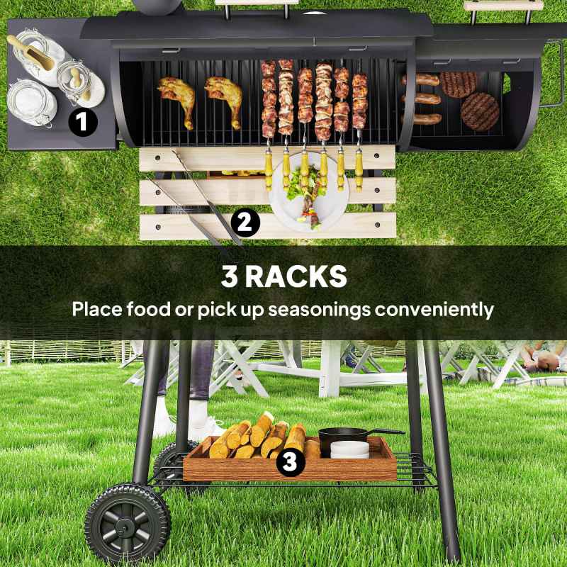 Outsunny Charcoal Barbecue Grill with Offset Smoker, Barrel BBQ Trolley with 3 Storage Shelves & Thermometer for Outdoor Garden Camping Picnic Cooking, Black