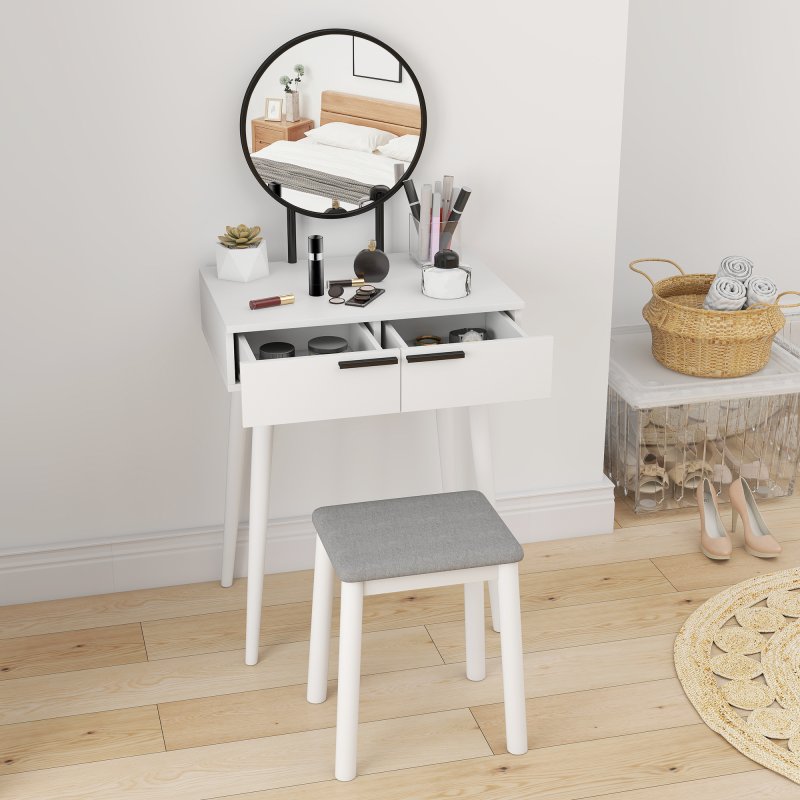 HOMCOM Dressing Table with Mirror and Stool, Vanity Makeup Desk Set with 2 Drawers, Cushioned Stool and Make-up Organiser for Bedroom and Dressing Room, 60 x 40 x 123 cm, White