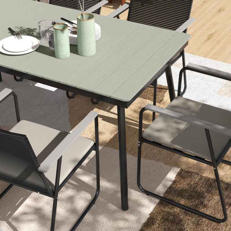 Outsunny 6 Seater Garden Dining Set with Soft Cushions, Rattan Backrest, Rectangular Plastic Top, Garden Furniture Set, Outdoor Dining Table and Chairs for Patio, Balcony, Poolside, Grey