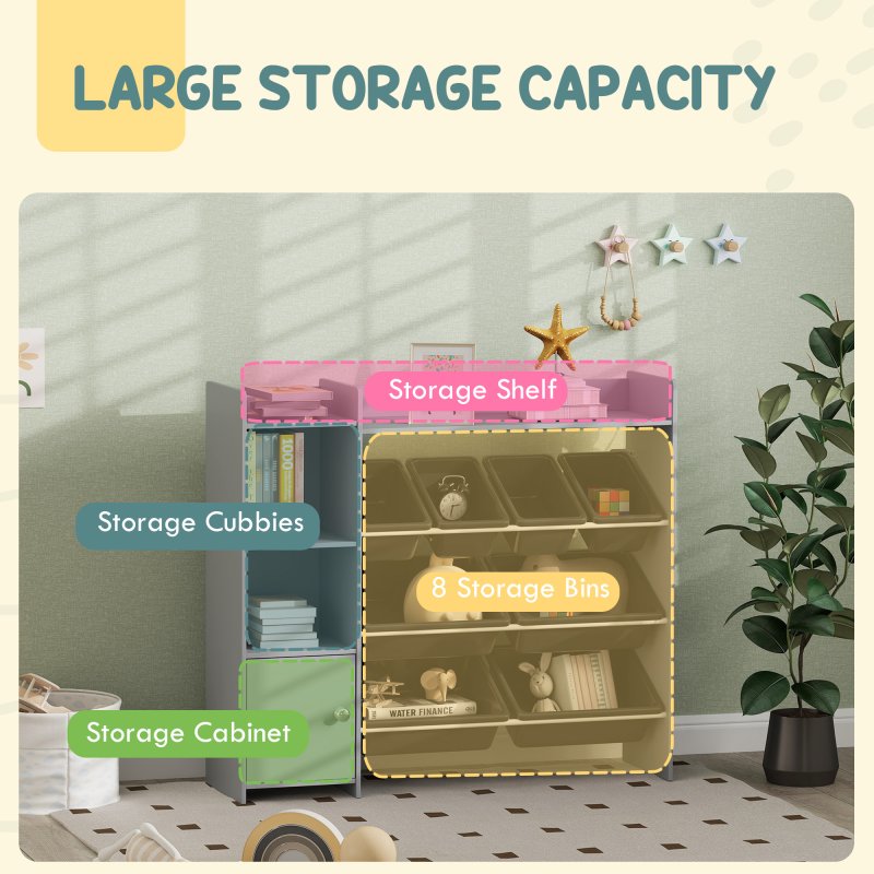 AIYAPLAY Toy Storage Unit, with 8 Removable Bins, Storage Shelves, Cabinet, Toy Organiser, for Playroom, Kids Room, Nursery, Grey