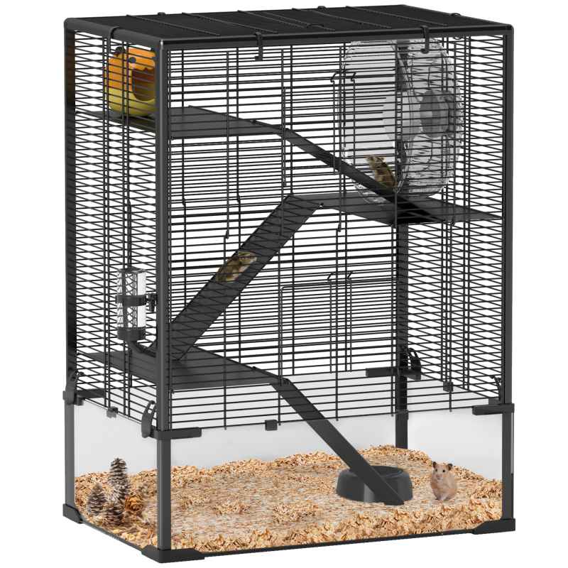 PawHut Hamster Cage with Deep Tempered Glass Bottom, 4 Tier Large Hamster Tank with Hut, Running Wheel, Platforms, Ramps, Food Dish, Water Bottle, for Syrian, Dwarf, Rats, Gerbils, 60 x 40 x 80cm