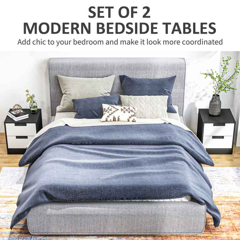 HOMCOM Bedside Tables Set of 2, Nightstands with 2 Drawers, Modern Bedside Cabinets with Storage for Bedroom, Living Room, White and Black
