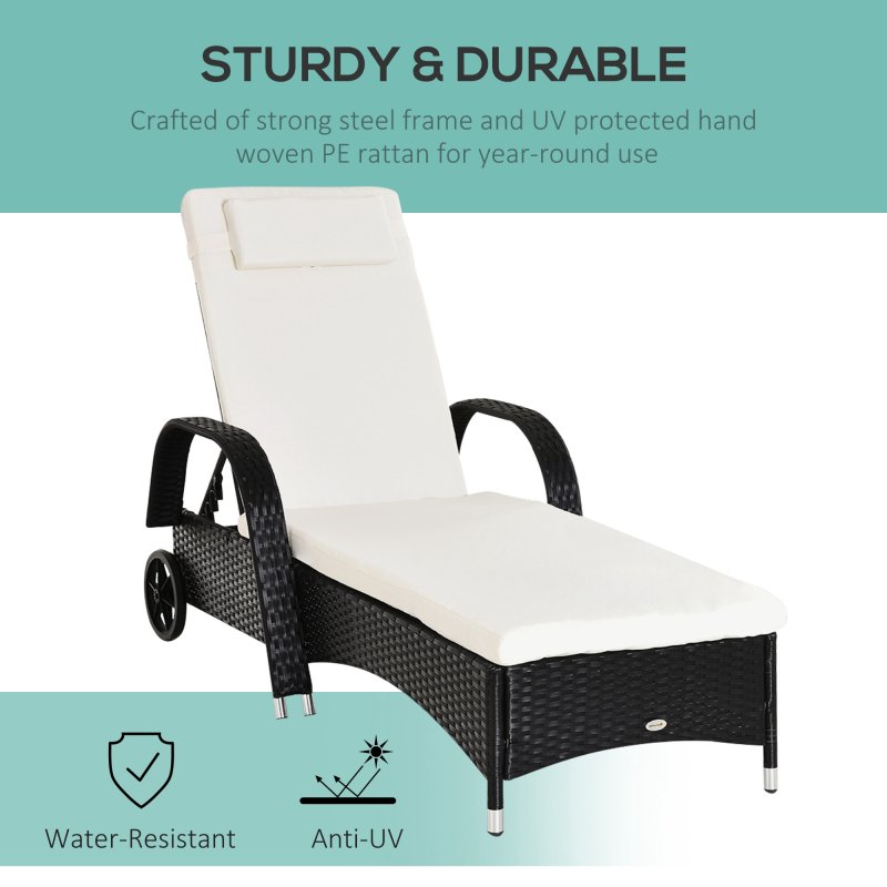 Outsunny Rattan Sun Lounger, Garden Lounger Recliner with Wheels and Adjustable Backrest, Outdoor Reclining Sunbed Garden Chair with Cushion and Headrest for Patio, Beach, Terrace, Black