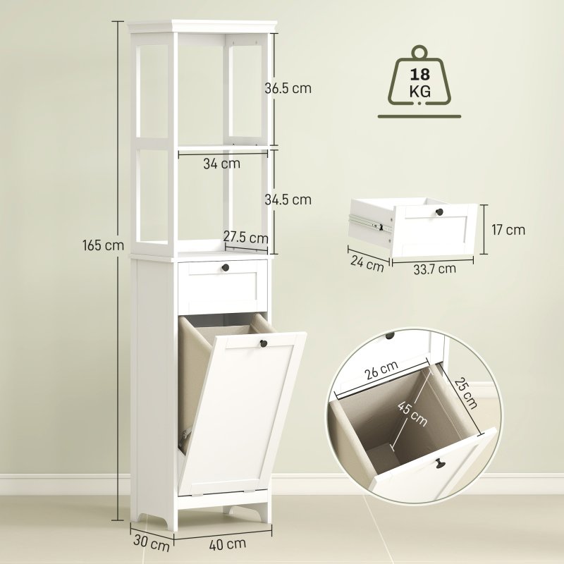 HOMCOM Tall Bathroom Cabinet with Removable Laundry Basket, Slim Bathroom Storage Unit with Tilt-Out Laundry Cabinet, 2 Open Shelves and Drawer, 40 x 30 x 165 cm, White