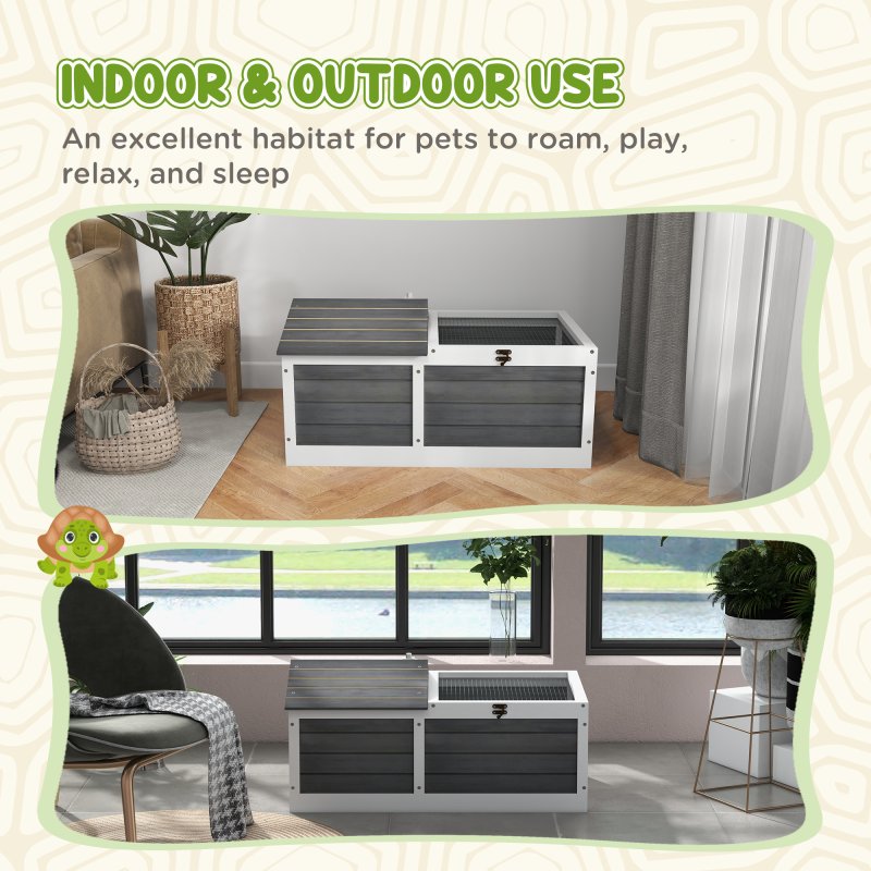 PawHut Wooden Tortoise House, Tortoise Table with Hide Shelter Run, Openable Top, Tray, Dark Grey