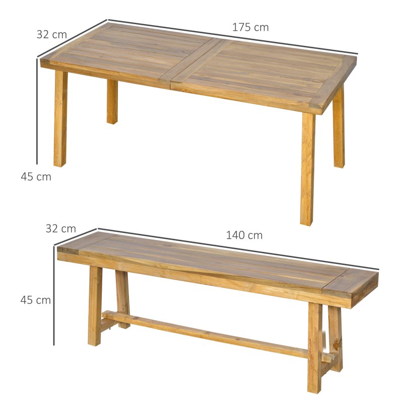 Outsunny 3 Pieces Picnic Bench Set with Table and 2 Benches, Acacia wood Dining Trestle Beer Table and Seat,  Natural Wood Finish