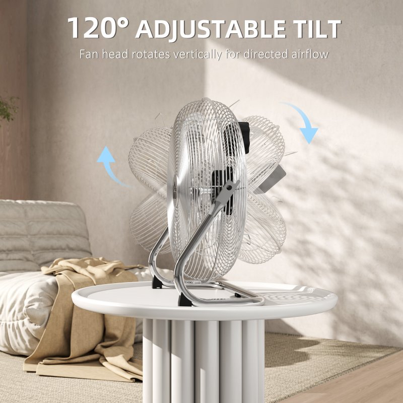HOMCOM 14 Inches Chrome Metal Floor Fan, High Velocity 3-Speed Home Gym with Adjustable Head, Portable Desk & Table Fan Air Circulator for Home Office, Powerful Airflow, Quiet Operation