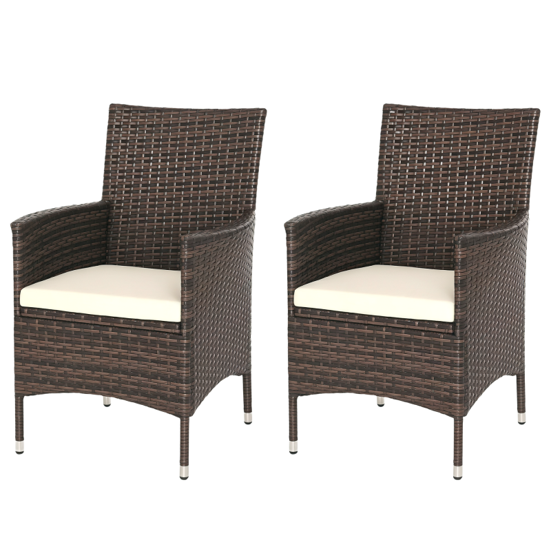Outsunny 2 Pieces Outdoor PE Rattan Dining Chairs Set with Cushion, Garden Armchair with Armrests, High Backrest, Metal Frame Patio Wicker Furniture, Mixed Brown