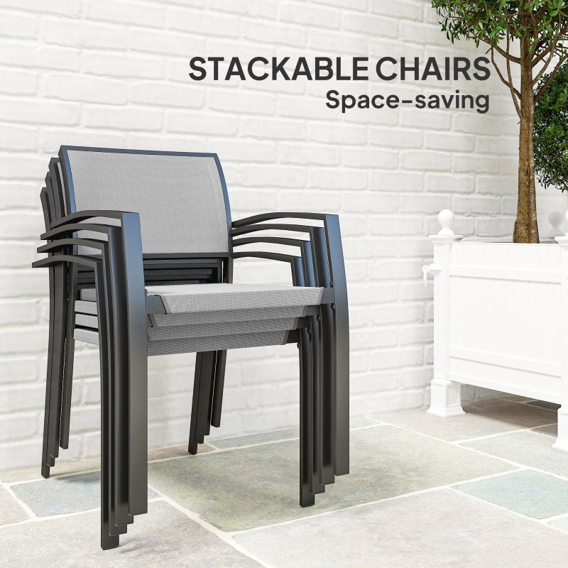 Outsunny 4 Seater Garden Dining Set, 5 Piece Garden Furniture Set with 4 Stackable Armchairs, Outdoor Table and Chairs with Easy Clean Top, Steel Frame, Texteline Seat, for Terrace, Balcony, Grey