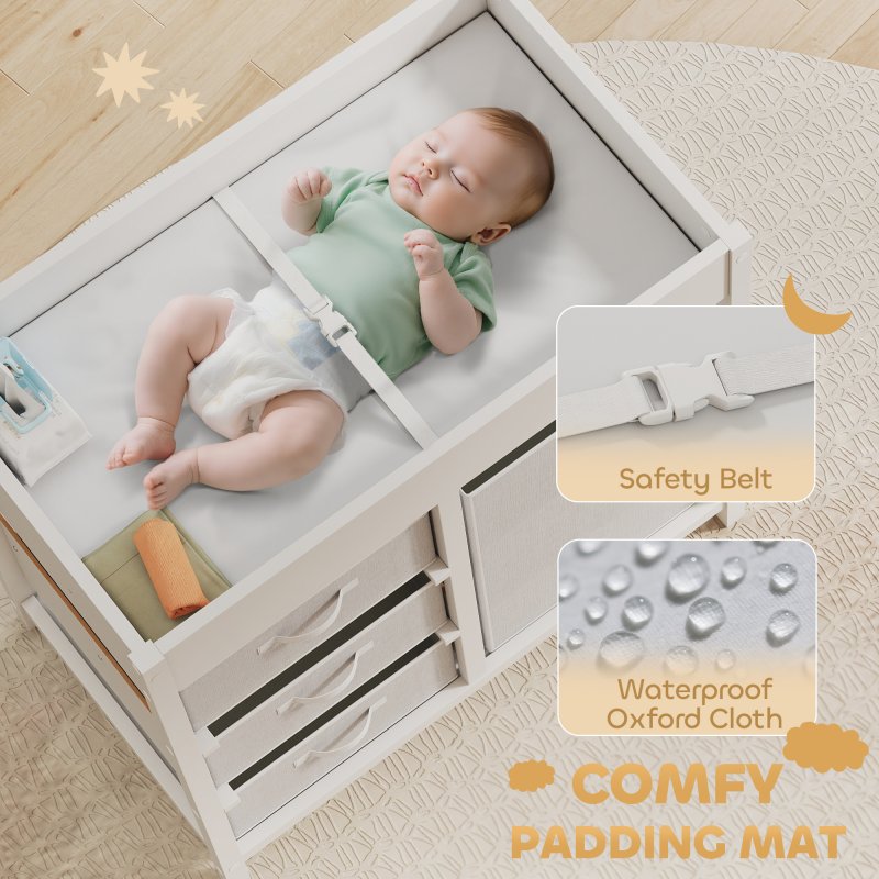 AIYAPLAY Baby Changing Table with 4 Drawers, Nursery Diaper Baby Changing Unit for 0-12 Months (max. 11kg), with Mat, Infant Care Station for Bedroom Nursery, White