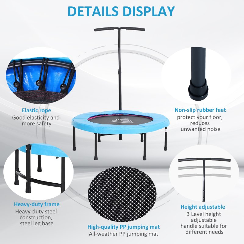 HOMCOM 40" Fitness Trampoline with Adjustable Handle, Rebounder Trampoline, Mini Jumper for Indoor Exercise Workout, Blue
