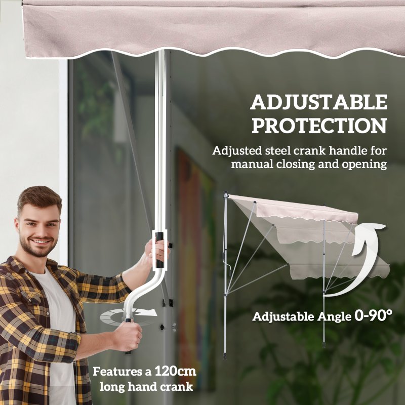 Outsunny Balcony 2 x 1.5m Manual Adjustable Awning DIY Patio Clamp Awning Canopy  Retractable Shade Shelter - Beige