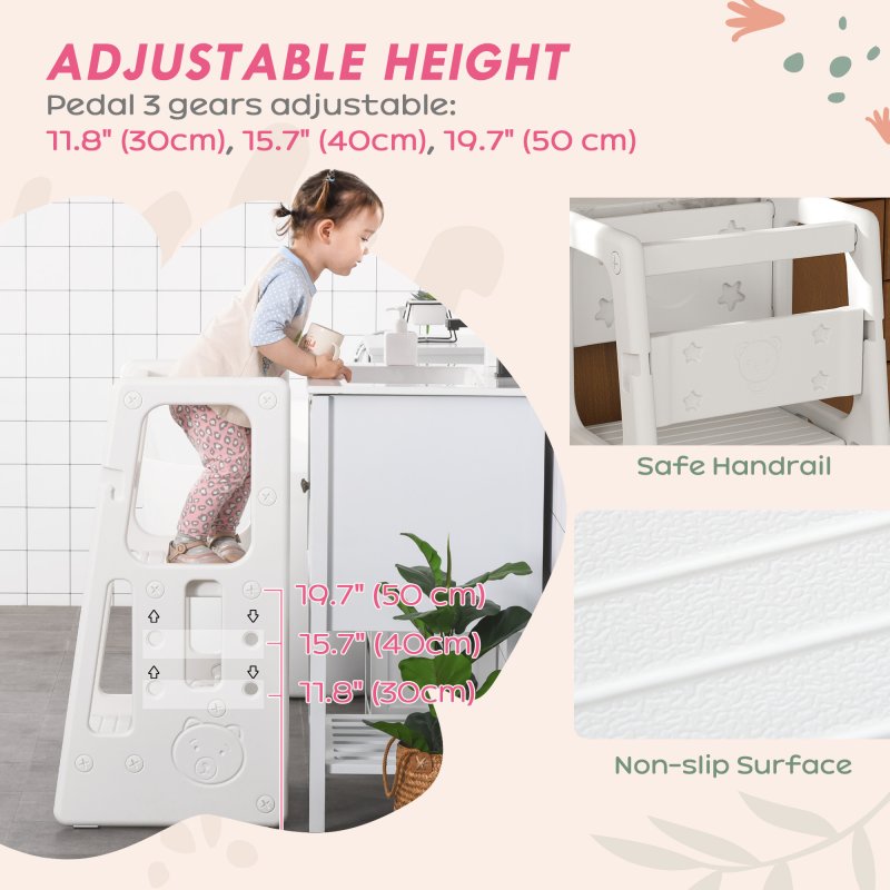 HOMCOM Kids Step Stool, Adjustable Standing Platform, Toddler Kitchen Stool, Standing Tower for Kids, Kitchen Counter with Three Adjustable Heights - White