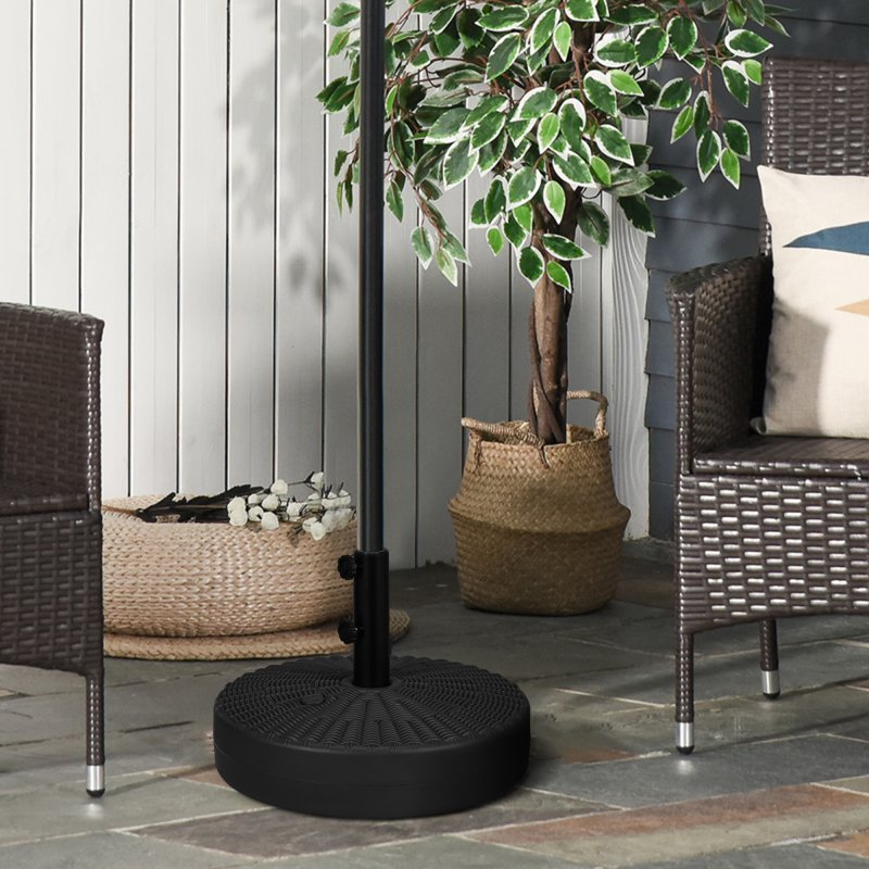 Outsunny Garden Parasol Base with Rattan Effect, 22kg Water or 29kg Sand Filled, Heavy Duty HDPE Umbrella Stand, Fillable Parasol Stand for 38mm, 48mm Poles, Black