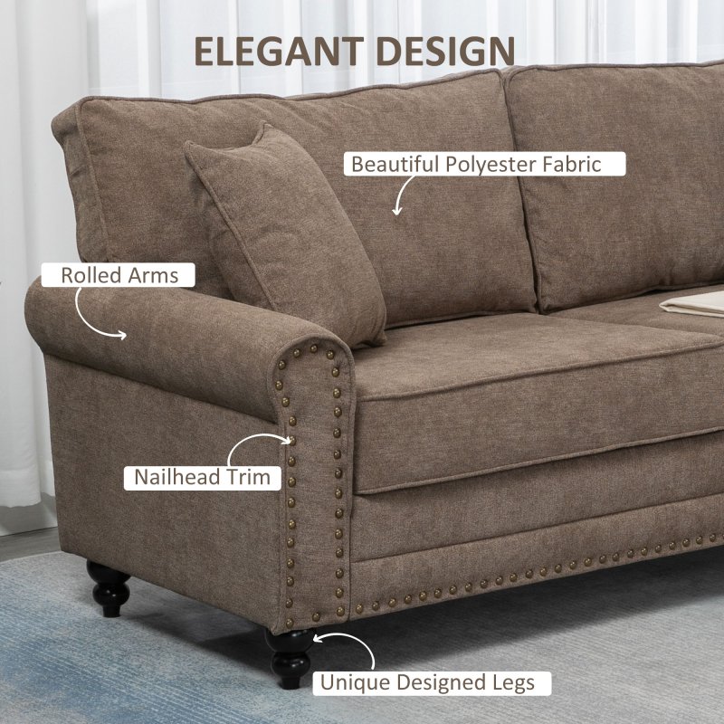 HOMCOM 3 Seater Sofa, Fabric Couch with Rubber Wood Legs, 3 Seater Settee with Extra Padded Cushions and Pillows for Living Room, 196W x 80.5D x 89H cm
