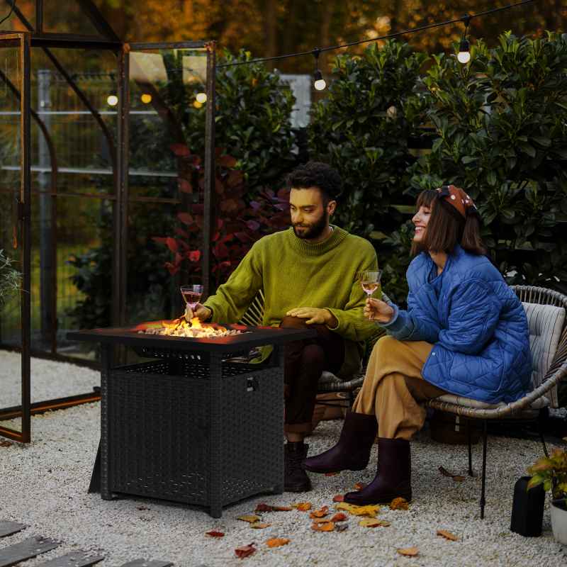 Outsunny Outdoor Rattan Gas Fire Pit Table, 50,000 BTU Square Garden Table with Fire Pit, Rain Cover, Wind Guard, Pulse-Ignition and Volcanic Rock, 72.5 x 72.5 x 67.5 cm, Black