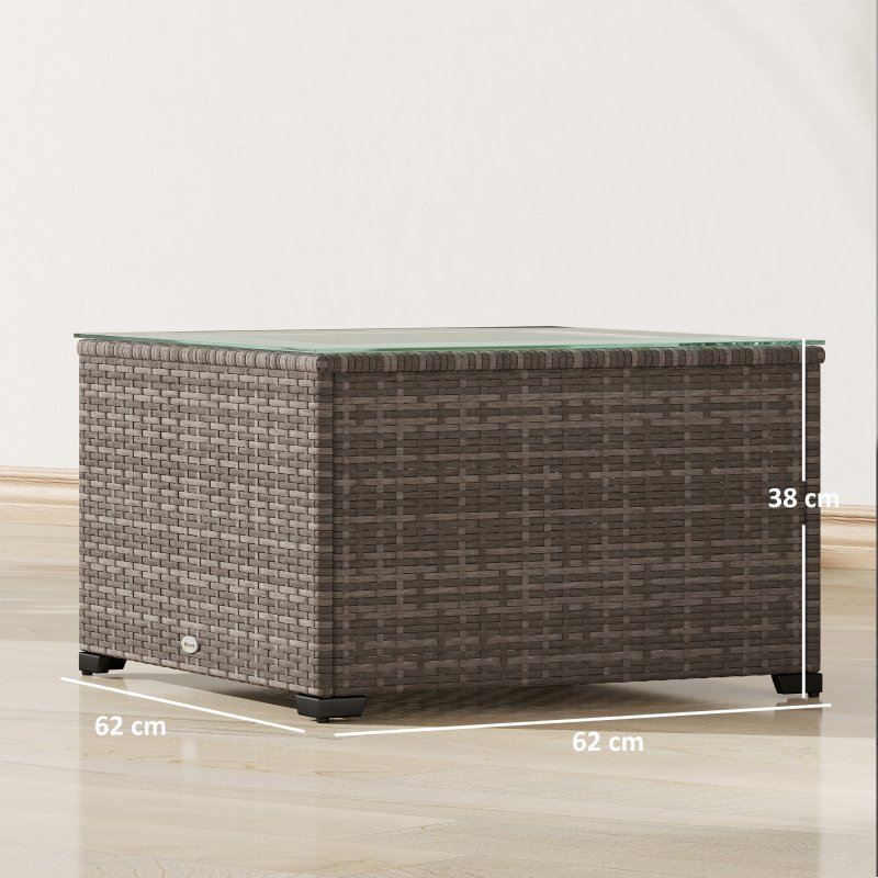 Outsunny Outdoor Coffee Table, PE Rattan Side Table with Tempered Glass Top, Wicker Square Garden Coffee Table End Table with Steel Frame for Patio, Balcony, 60 x 62 x 38cm, Dark Grey