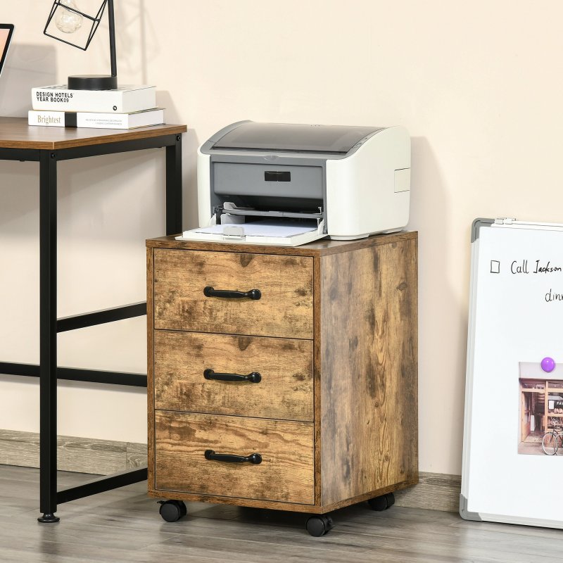 HOMCOM 3-Drawer Filing Cabinet, Mobile File Cabinet for Home Office, Small Rolling Filing Cabinet, Printer Stand, Under Desk File Cabinet for A4, Letter-Size Files, Rustic Brown