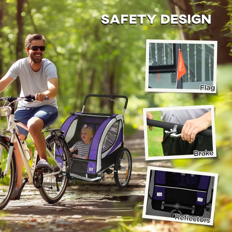 HOMCOM Child Bike Trailer, Baby Bicycle Trailer for 2 Kids with 5 Point Harness, Steel Frame, Reflectors, Safety Flag, Hitch Coupler, Purple
