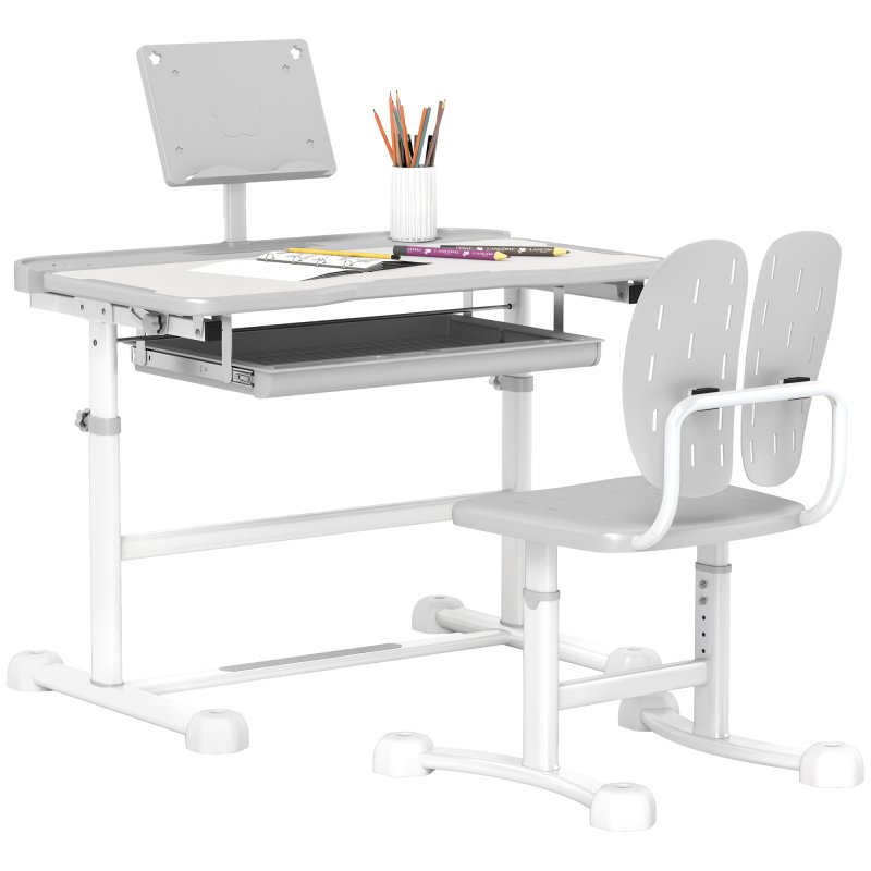 AIYAPLAY Kids Desk and Chair Set, Height Adjustable School Study Table Chair Set with Tilted Desktop, Storage Drawer, Book Stand, for Writing Reading, kids Aged 3-12 Years, Grey
