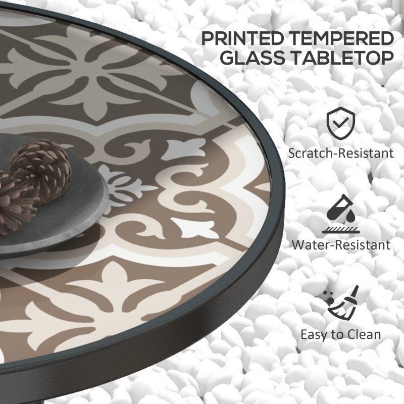 Outsunny 60 cm Garden Round Coffee Table,  Outdoor Side Table with Tempered Glass Printed Table Top and Foot Pads for Porch, Balcony, Tan Brown