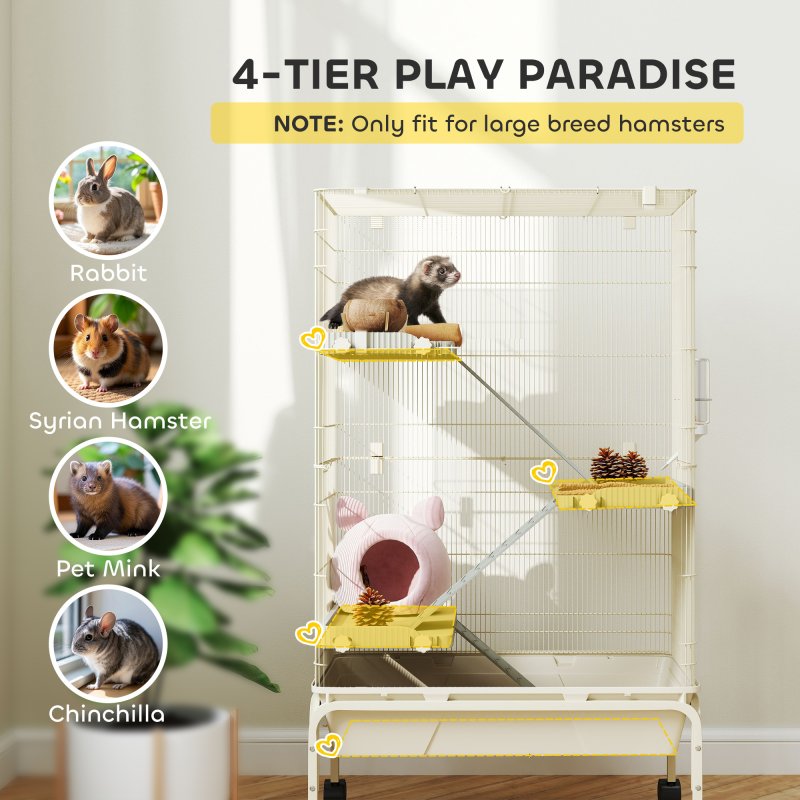 PawHut Rolling Rabbit Cage, 4 Level Rolling Rat Cage with 3 Ramps, Water Bottle, Food Dish, 15cm Deep Tray for Easy Cleaning, Small Pet Cage for Ferrets, Chinchillas, Squirrel, Syrian, Beige
